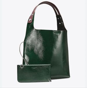 Tory Burch Rory Two-Toned Elegant Green/Brown Tote Bag with Pouch